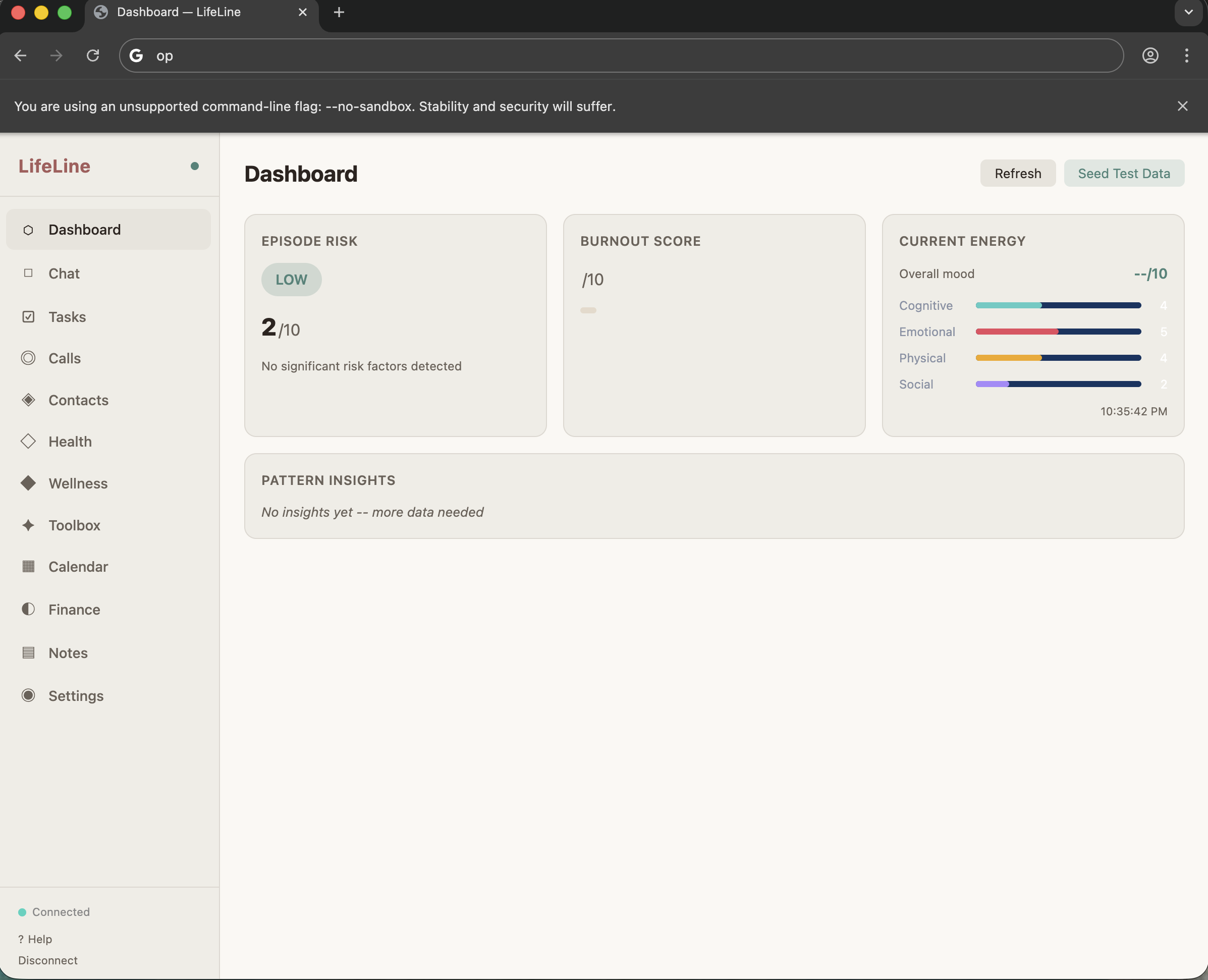 Dashboard showing episode risk, burnout score, and energy levels