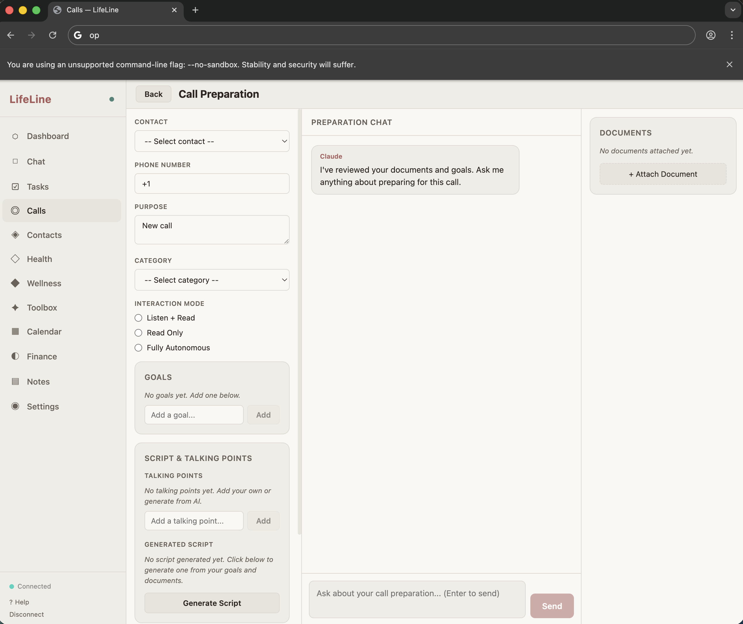 Call preparation screen with AI chat, goals, and script generation